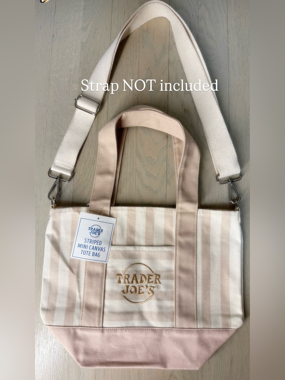 Trader Joe's Striped Canvas Mini
Tote Bag Tan cream
Foldable D-ring no strap